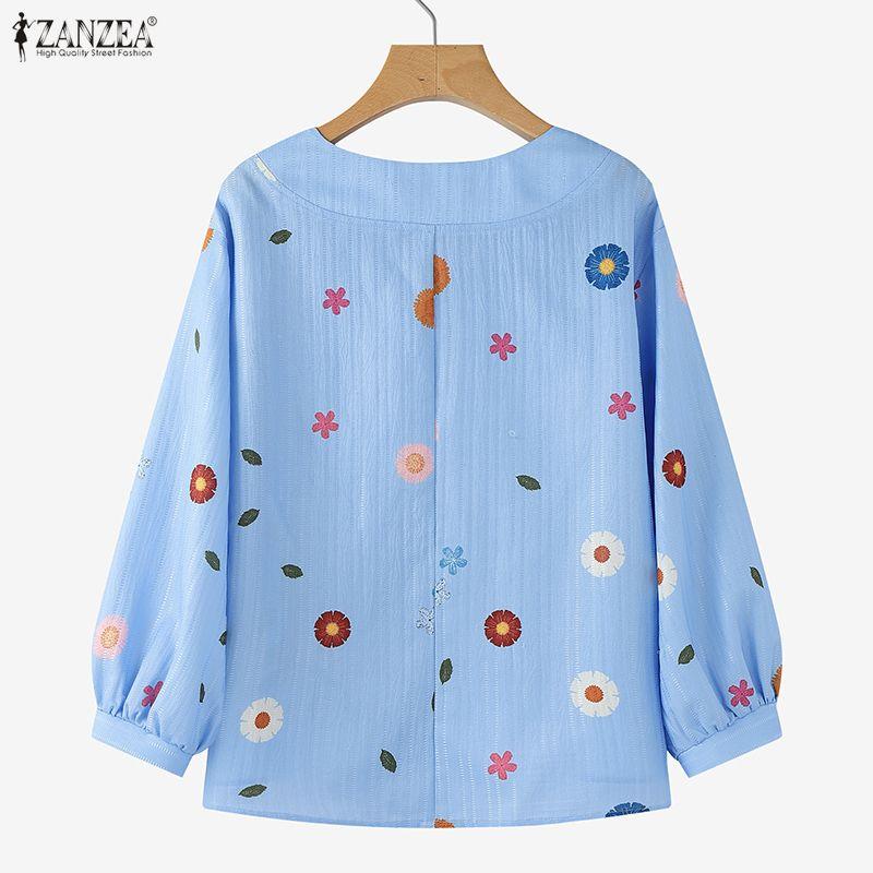 ZANZEA Women Casual V-Neck 3/4 Sleeve Loose Floral Print Blouse