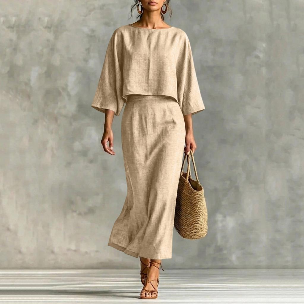 Modisches Lässiges Rundhals-Pullover-Oberteil mit Sieben-Zoll-Ärmeln und High-Waist-Midi-Rock-Set für Damen