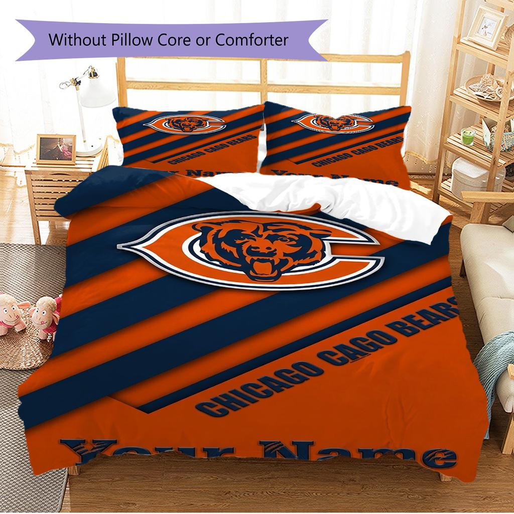 Name Custom Chicago Bears Logo Pattern Bedding Set Quilt Cover Pillowcase Home Decor Gift (1 * Duvet Cover + 2 * Pillowcase, Without Core)