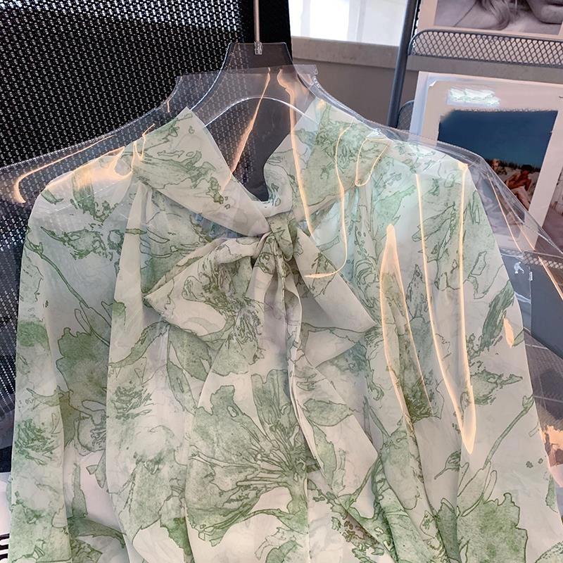 French-style Green Print Tied Chiffon Blouse Women  Early Spring New Vintage Long Sleeve Shirt