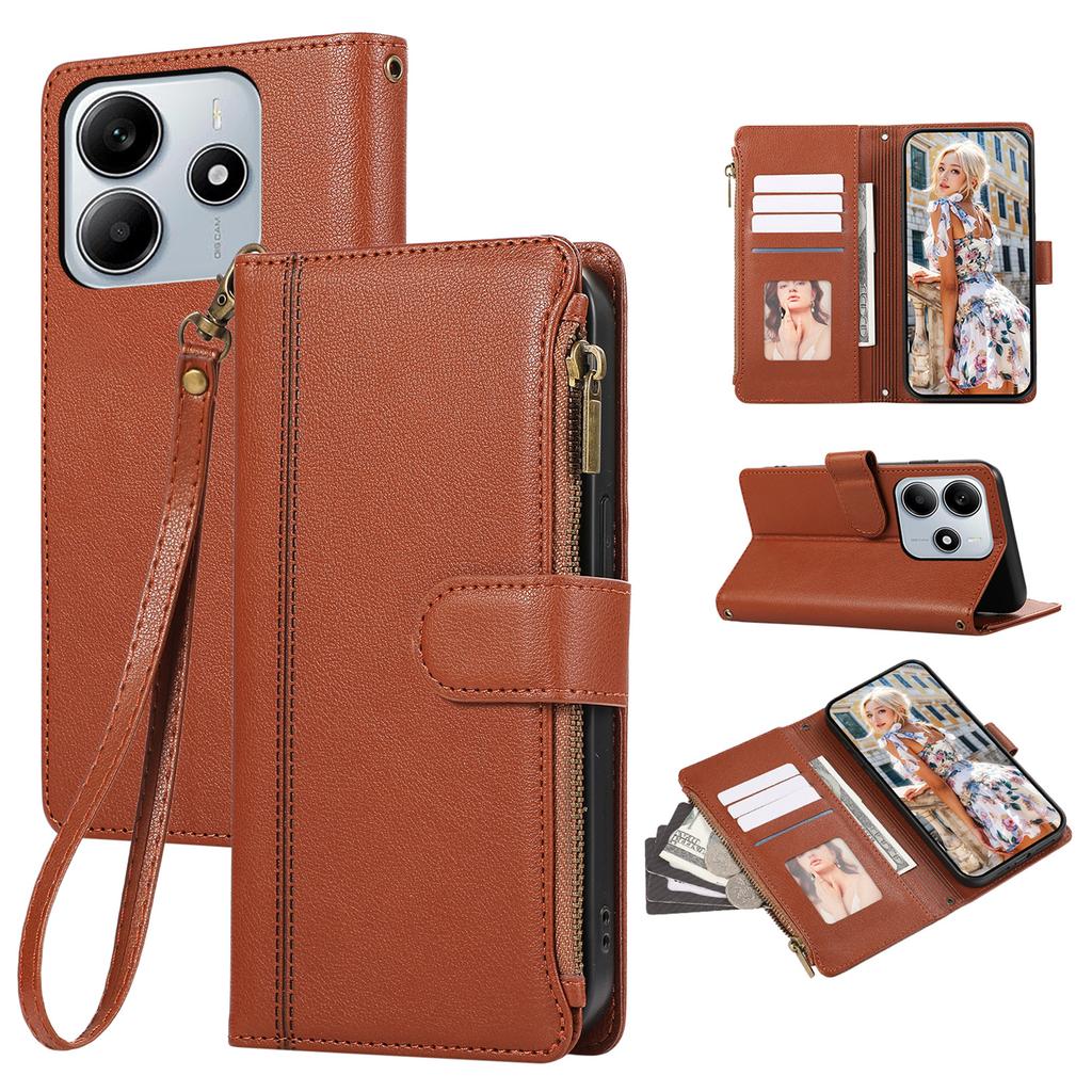 For Xiaomi Redmi Note 14 4G (163.25mm) Case Multi Card Slots Zipper Leather Phone Cover with Wrist Strap - Purple