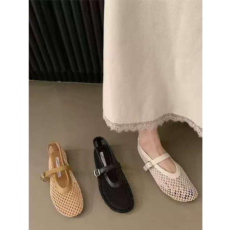 Round Head One-word Buckle with Mary Jane Single Shoes Ballet Shoes Mesh Flat Bottom Hollow Fishing Net Shoes Sandals