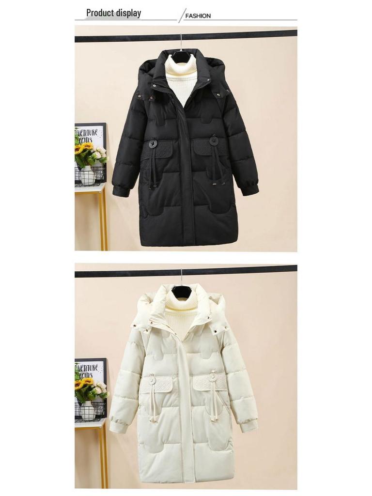 Women's Mid-Length Plus Size Warm Down Jacket, Beige/Black