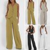 Women Suit Cotton Linen Long Pants Sleeveless Vest Set V-neck Wide Leg Casual Set Outfit