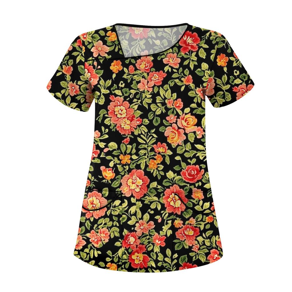 Lässig bedrucktes, kurzärmliges Workwear-Oberteil für Damen mit schrägem Kragen und Doppeltaschen