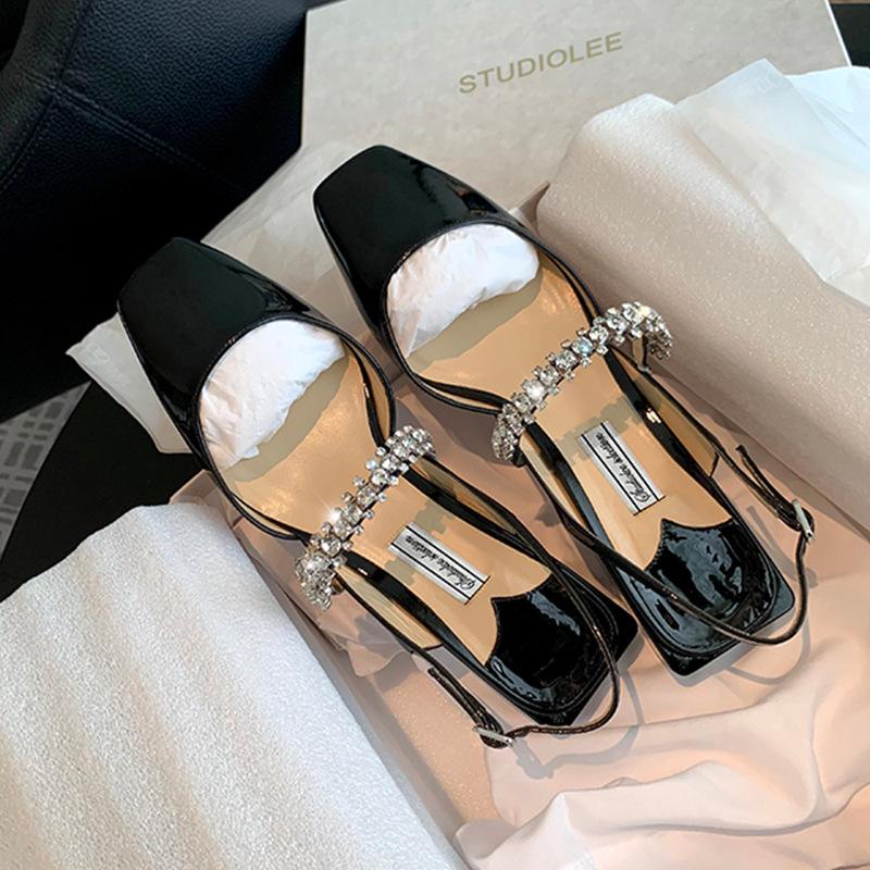 

Leather rhinestone rear empty sandals women s square head spring 2025 new fashion bag head sandals thick heel Mary Jane shoes 39 чорний
