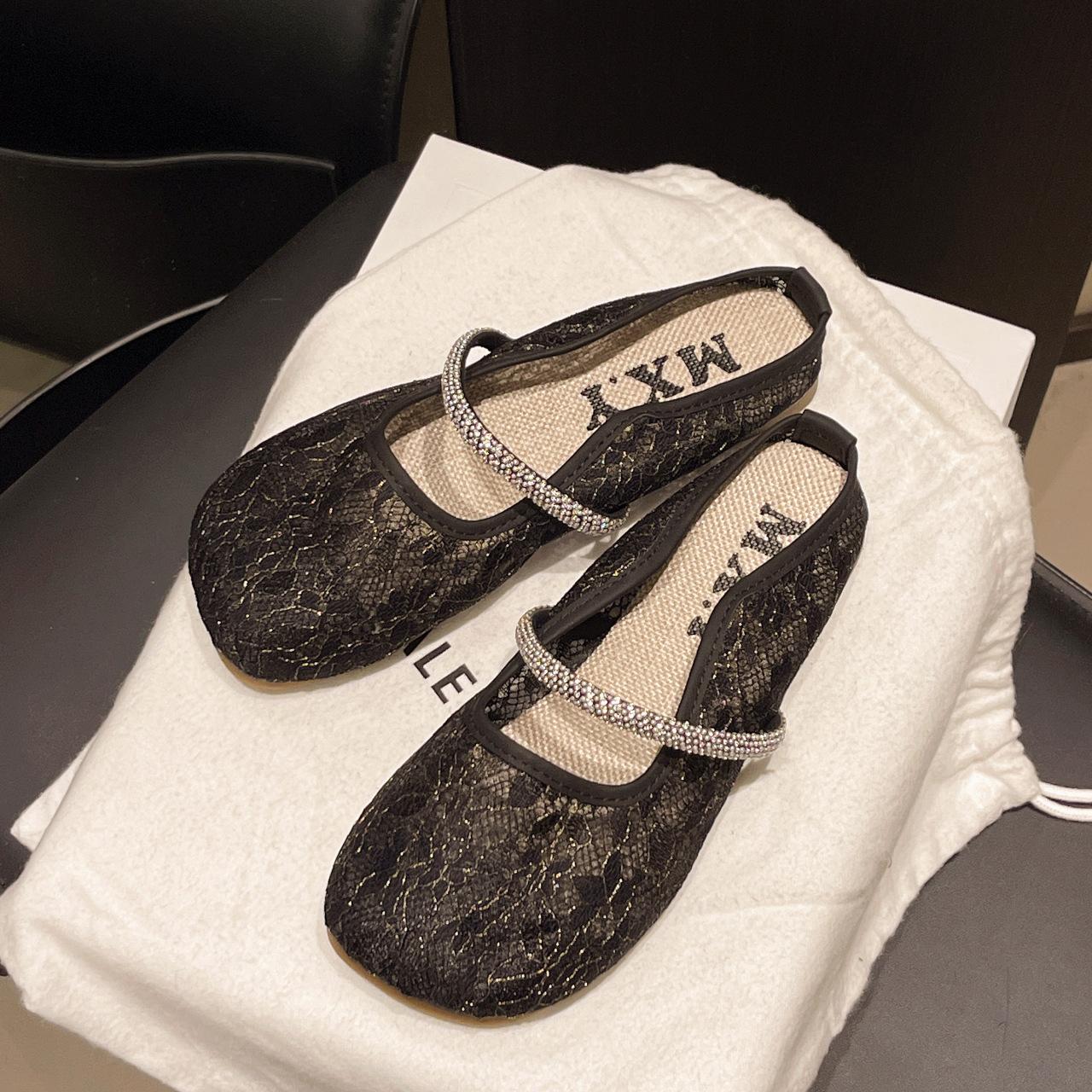 

Women Shoes 2025 Summer New Breathable Mesh Non Slip Half Drag Shoes Outdoor Fashion Rhinestone Hollow Mary Jane Flat Sandals 40