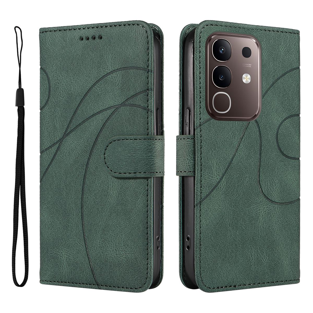 

For vivo Y29 4G/vivo T4x 5G/vivo Y300t 5G Wallet Case Leather Phone Cover Stand with Curved Line Design Green