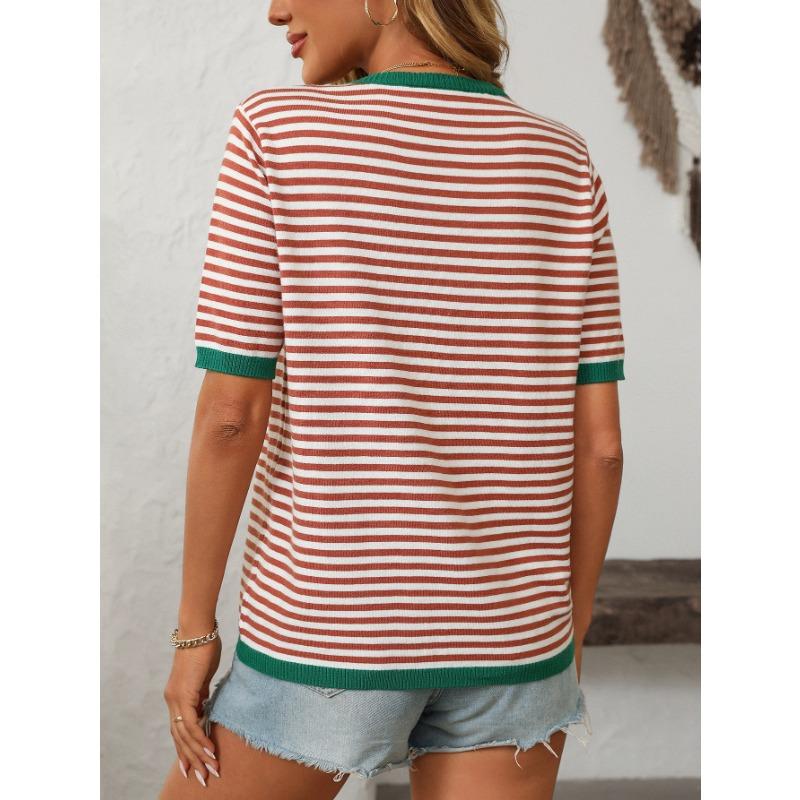 Dámský letní nový kulatý výstřih pruhovaný kolizní barvy krátký rukáv ležérní svetr