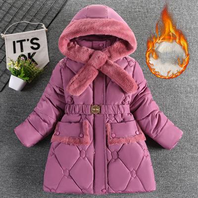 Winter Girls Jacket Warm Windproof Outerwear Hooded Zipper Fur Collar Princess Coat Kids Clothes