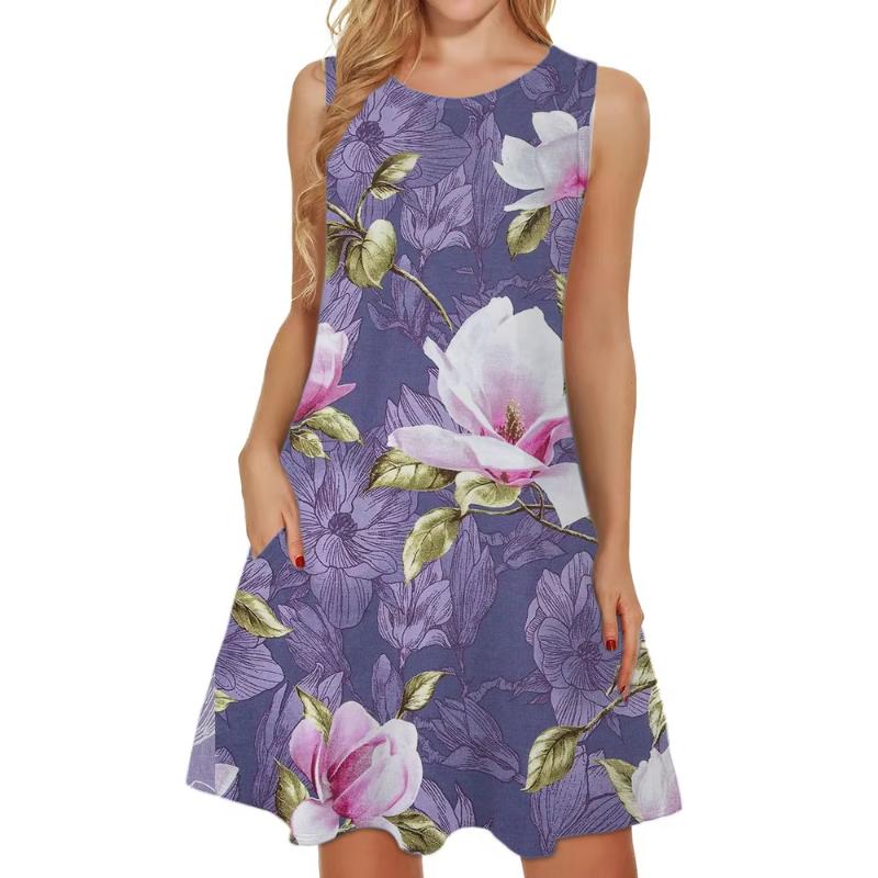 Women'S Elegant Floral Pink Green Leaf Pattern Print Sleeveless A-Line Dress Halloween Costume Oversized Woman Clothing Y2k Tops