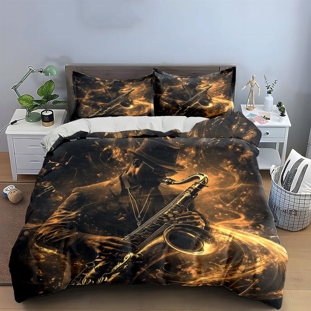 "Jazz Musician Art Decor Set" Bedding Set with 1 Duvet Cover 2 Pillowcases Single Double King Queen, Gift