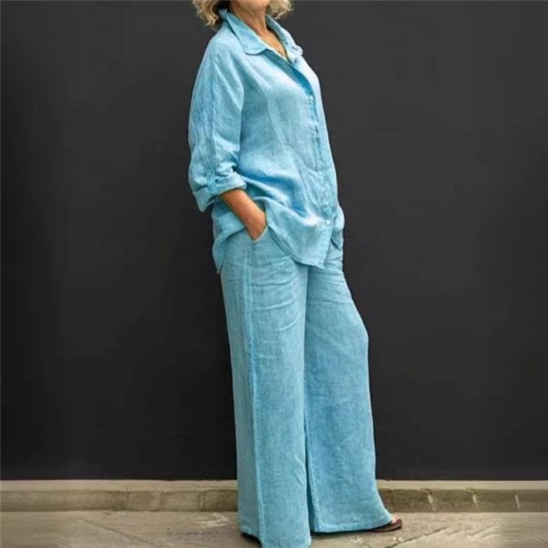 Women's Linen 2-Piece Outfit, Button Down Shirt & Wide Leg Pants Casual Loungewear Set
