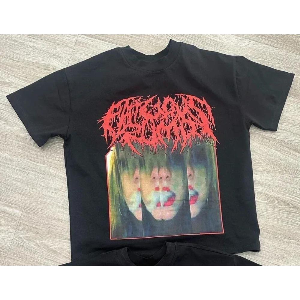 2025 Parent-Child Wear Men's and Women's Cotton Shin-Harajuku Vintage Drolandmiller Face Print Graphic Gothic Style Short Sleeve