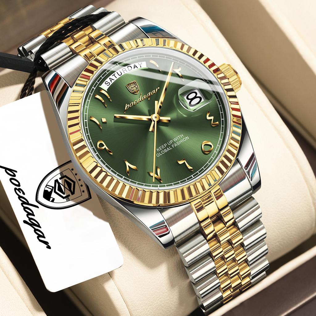 POEDAGAR Fashion High Quality Men Clock Waterproof Date Week Watch for Man Stainless Steel Luxury Quartz Watches + Box