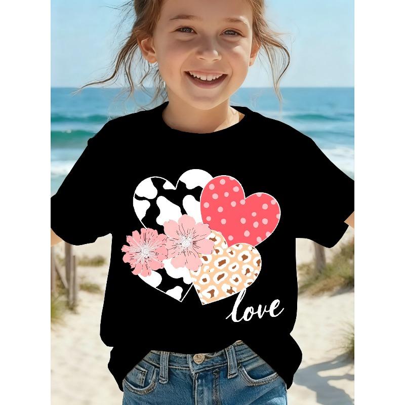 Europäische Größen Mädchen Leo-Print Herz T-Shirt für Kinder, Perfekt für Freizeitkleidung im Sommer, Mit süßem Rundhals-Kurzarm-Design