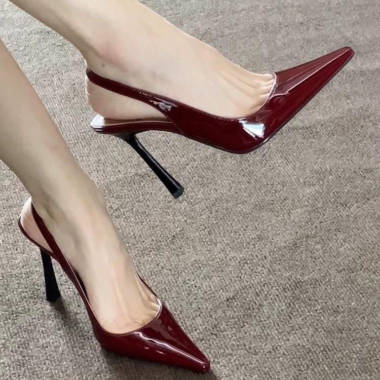 French patent leather is beautiful, pointed tip is not tired, high heels, women's spring and summer temperament is sexy, thin heel bag head sandals