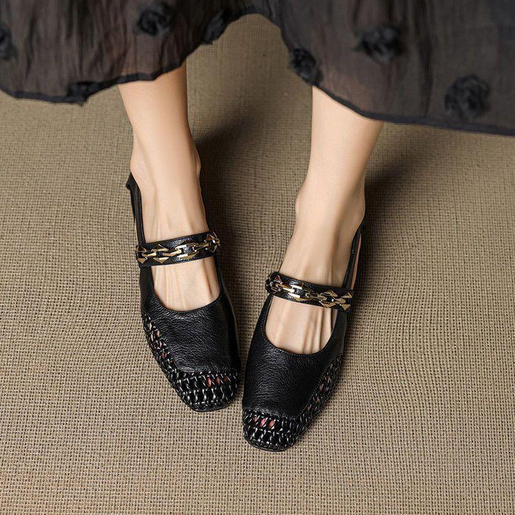 

Плетеные из мягкой кожи с перфорацией, новые китайские летние женские туфли, толстая подошва, увеличивающие рост, закрывающие стопу, супермягкие одинарные туфли-сандалии 40 чёрный