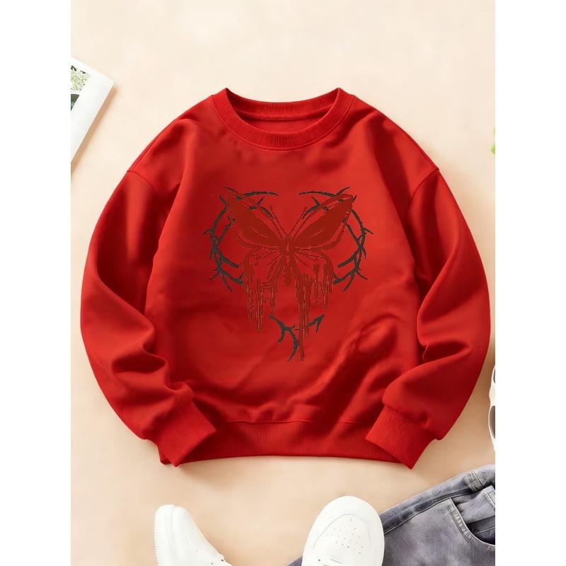 Kids Crewneck Sweatshirt, Cool Fun Red Butterfly Dark Aesthetic Print Long Sleeve Top