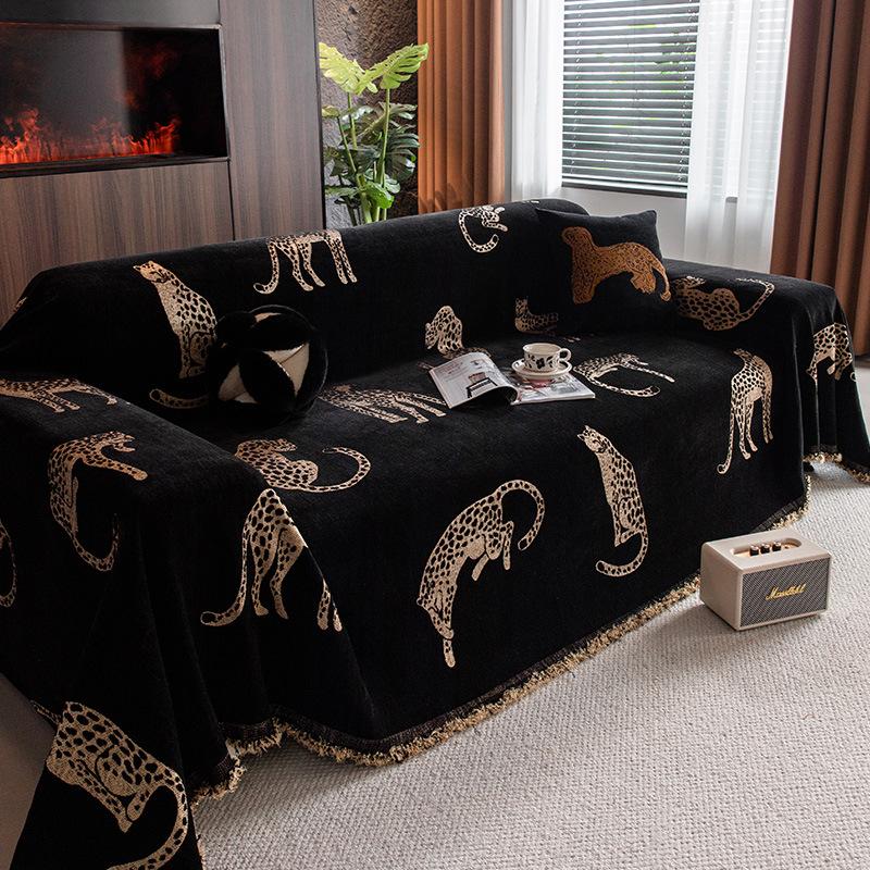 Capa de Sofá Jacquard Chenille Leopardo com Franjas, Design de Almofada T, Capa de Proteção Reversível Luxuosa para Poltrona a Sofá Seccional