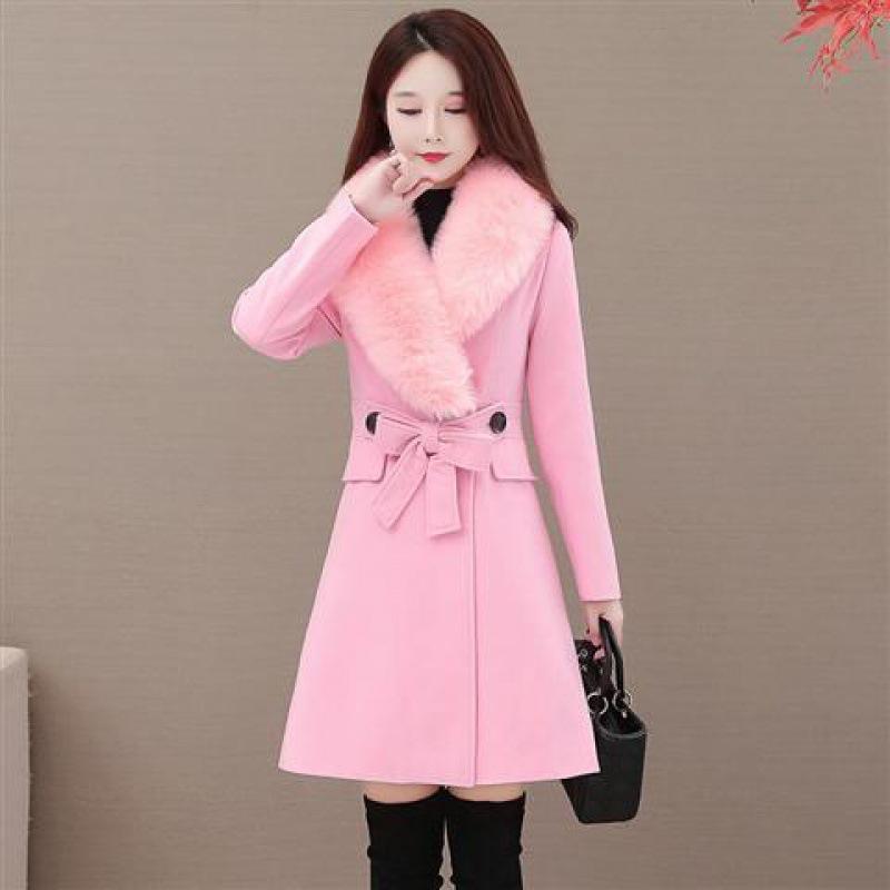 Silný vlněný dámský kabát na podzim a zimu dlouhý kabát s kožešinovým límcem