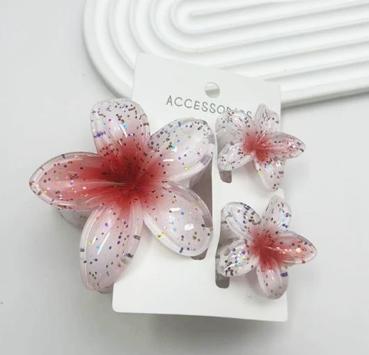 Floral Hair Clip Set with Glitter Accents Large and Small Flower Design Hair Accessories with Display Card Suitable for Various Hairstyles One Size