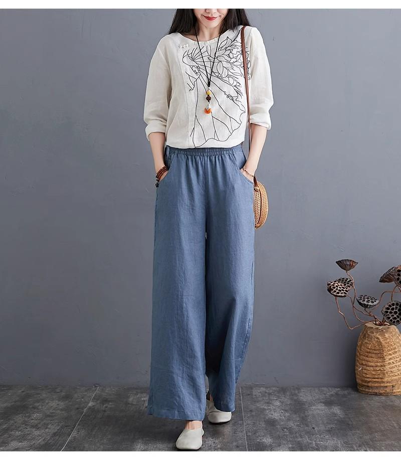 Frühlings- und Sommer-Literarische Baumwoll- und Leinenhosen Locker Große Größe Weiter Bein Hosen Hohe Taille Bodenlange Hosen Gerade Hosen Leinen Damen Hosen