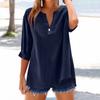 Women's Fashion Loose Standing Collar Button Split Cotton Linen Seven Sleeve T-Shirt Top
