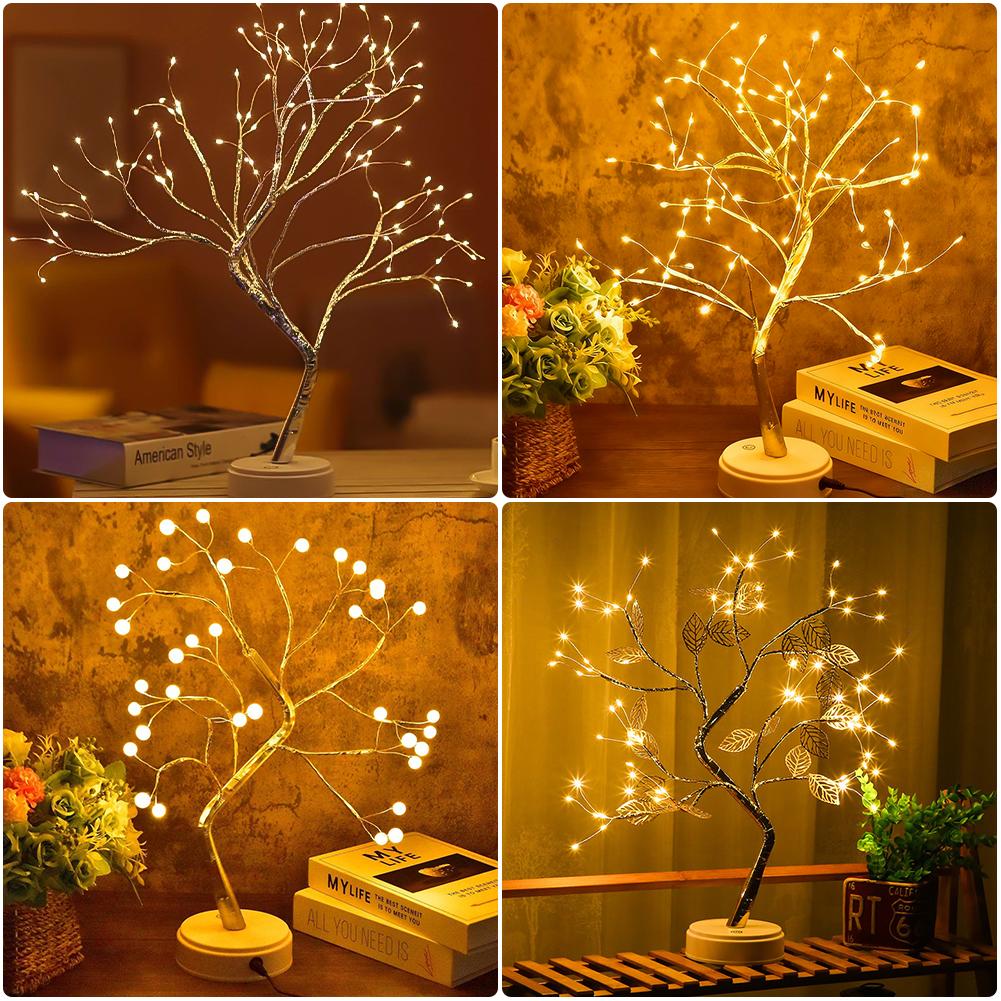 LED Tree Lights Artificial Decorative Fairy Light Battery Operated Tabletop Bonsai Lamp for Party Holiday Camping Summer Decor