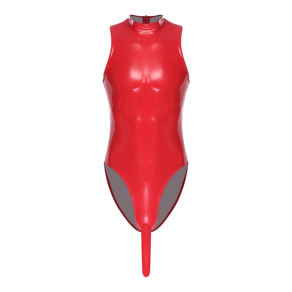Herren Glänzender PU Ärmelloser Stehkragen Beutel Bodycon Bodysuit Dessous