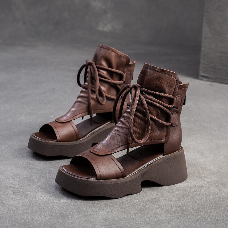 

Summer Fish Mouth Perforated Platform Sandals Retro Style Chunky Sole Casual Women Boots 40 темно-коричневого кольору