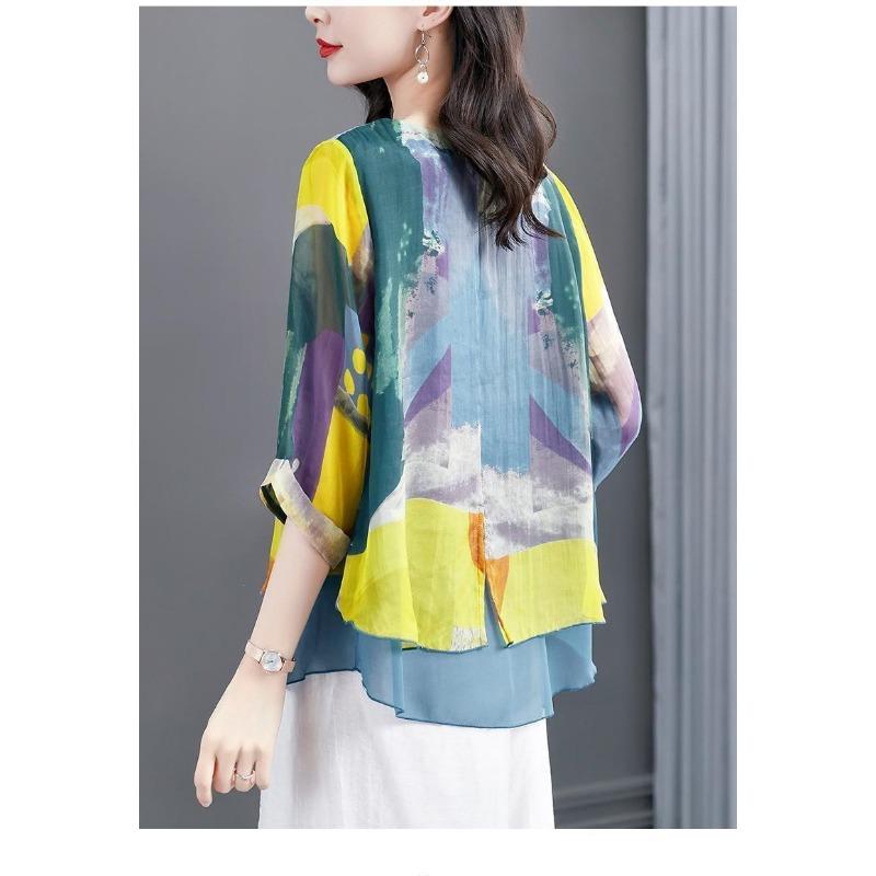 Plus Size Women Printed Chiffon Three Quarter Sleeve Fashionable Blouse