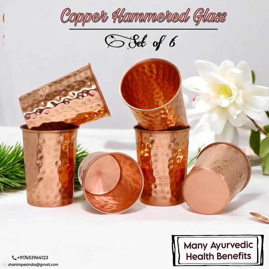 (Set of 6 Pure Brass Glass Tumbler with Embossed Design, for Drinking Serving Water, Yoga & Ayurveda, Stylish Pure Copper Glass
