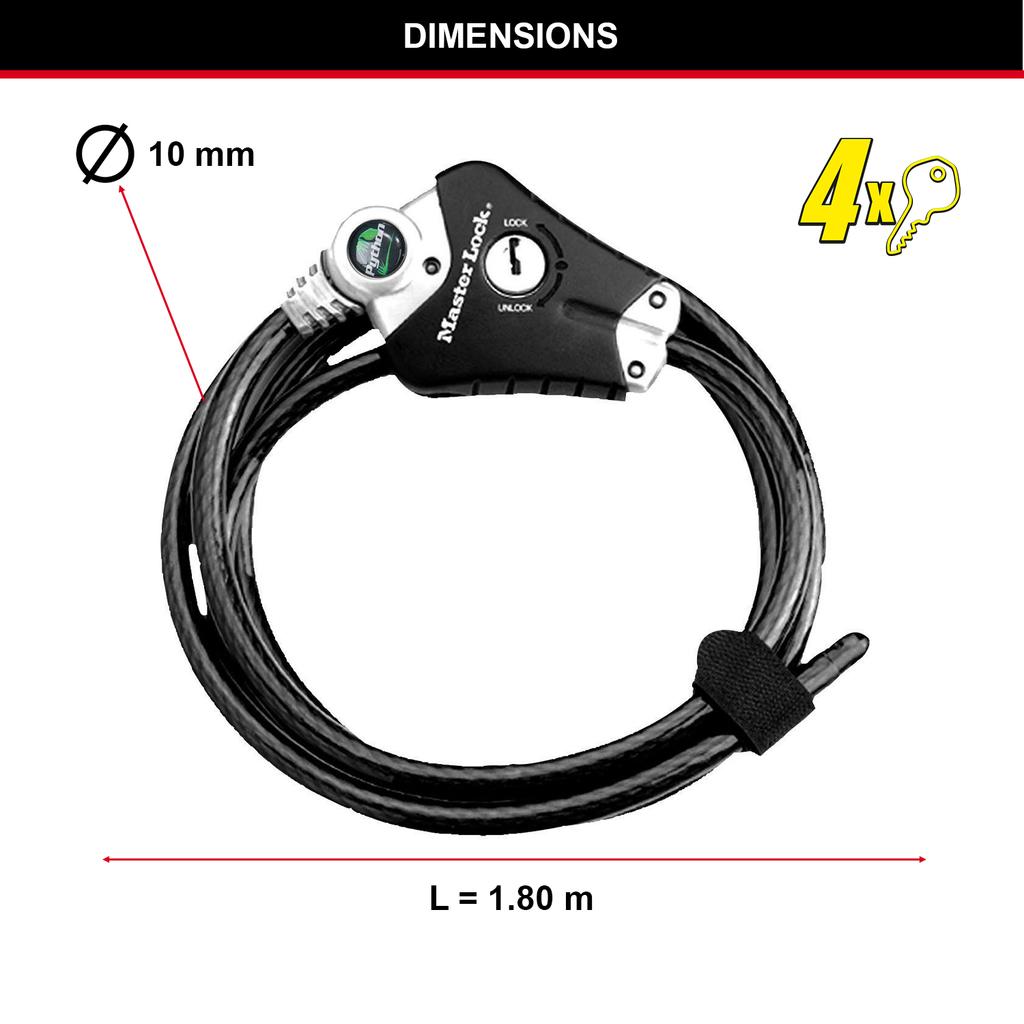 Master Lock Adjustable Cable Lock, 4 Keys, From 30 cm to 180 cm x 10 mm