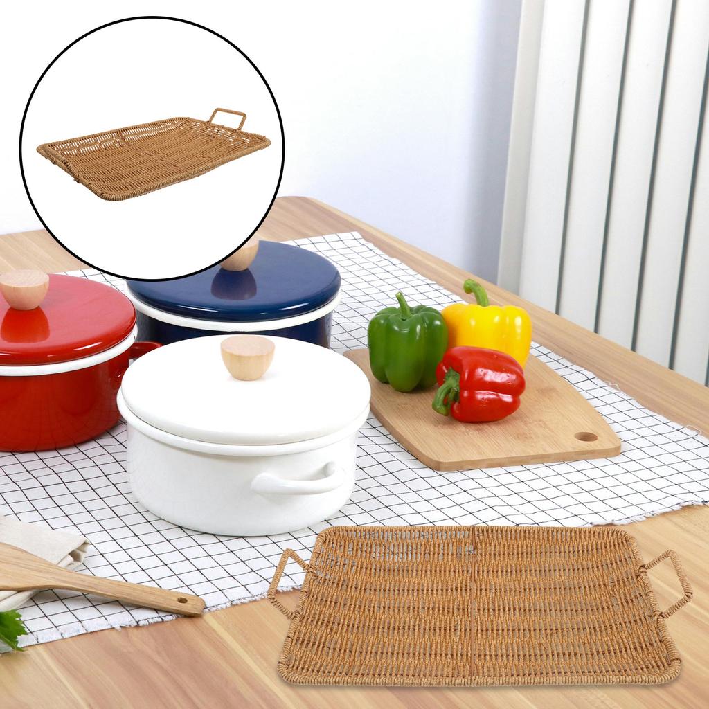 Rectangle Plastic Rattan Serving Trays with Handles Woven Storage Tray for Bread Fruit Snacks for Coffee Table Restaurant Buffet