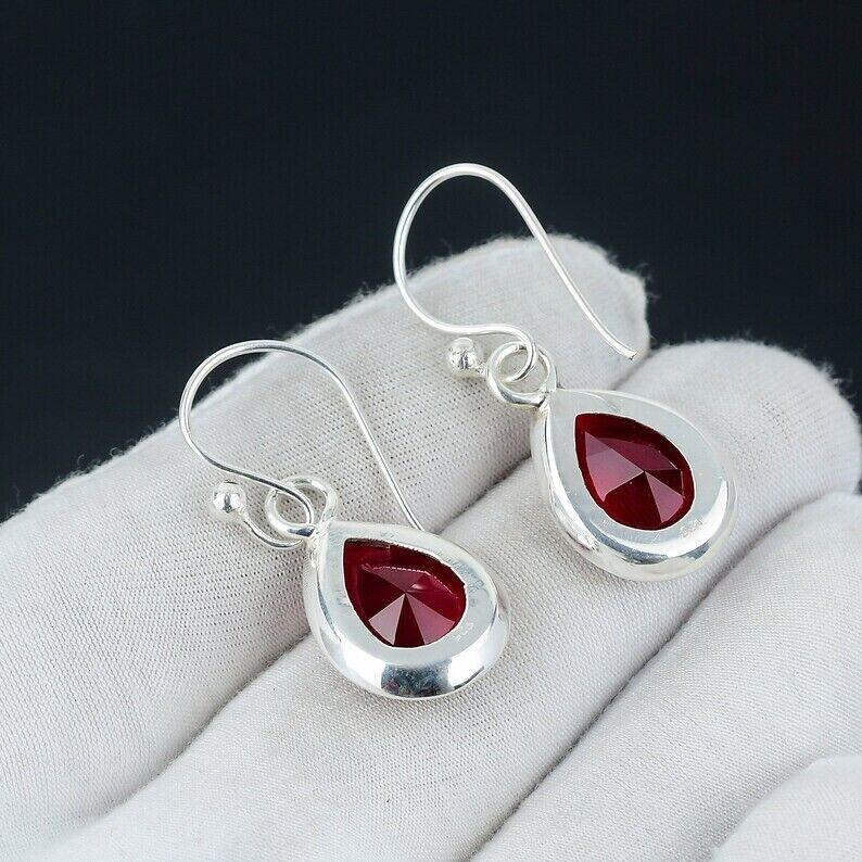 Rød granat øredobber, 925 sterling sølv øredobber Vakker edelsten Cabochon rød