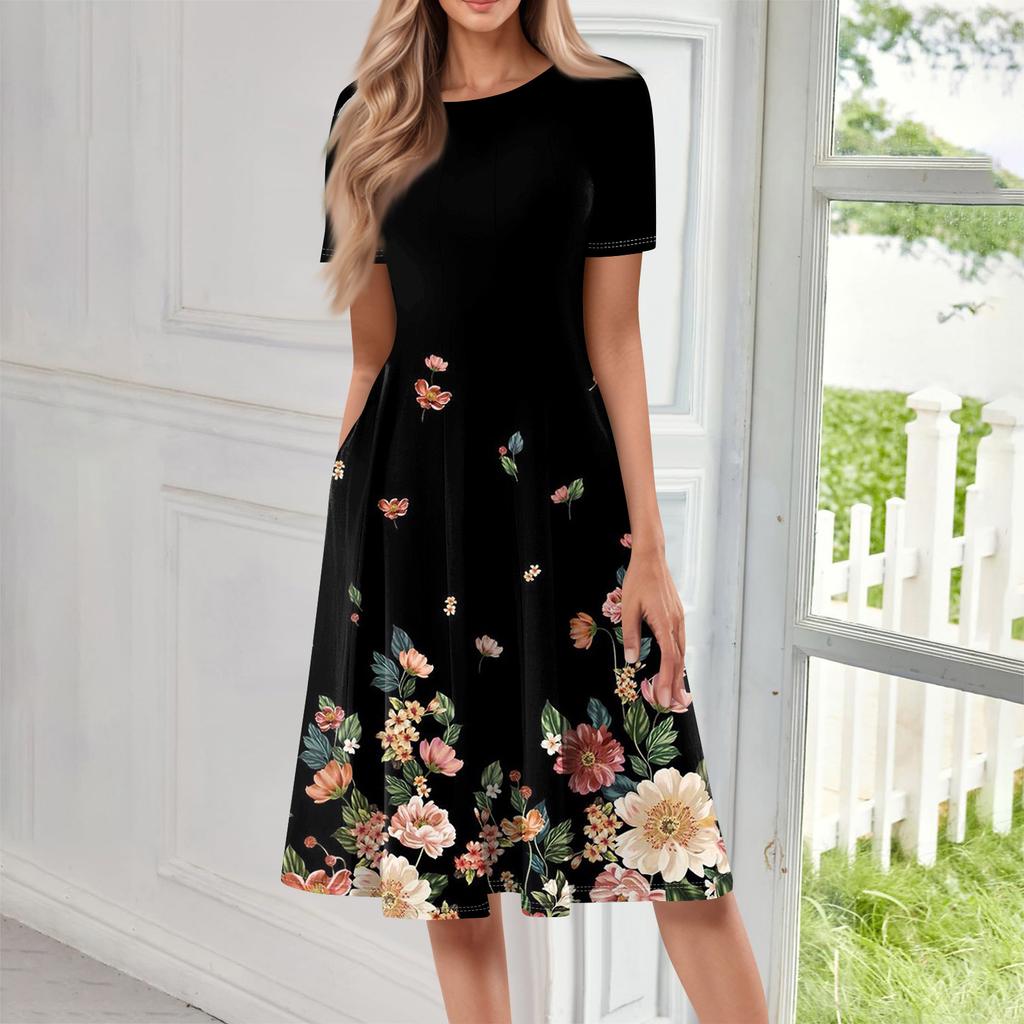 Abito lungo casual stampato da donna con scollo rotondo