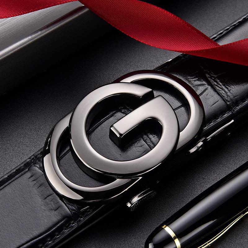 Male Alligator Pattern Leather Belt Imitation Steel Alloy Large G Letter Automatic Buckle, Light Luxury