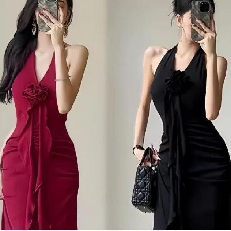 Elegant red neck sling dress for women's summer new Spice Girl sexy backless temperament waist dress