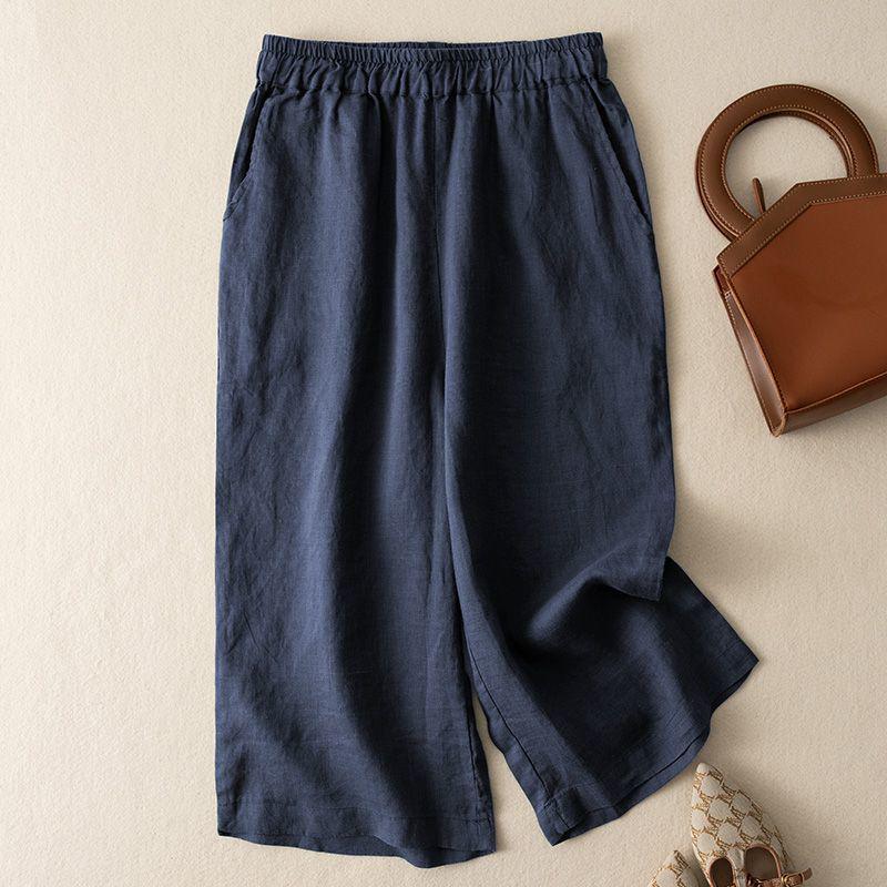 

High-Waisted Cotton Linen Wide-Leg Cropped Pants - Summer 2025 Style, Plus Size, Casual and Loose. M (80-100 jin) темно-синий