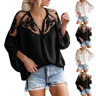 Women's Fashion Casual Lace See-through V-Neck Long Sleeve Top
