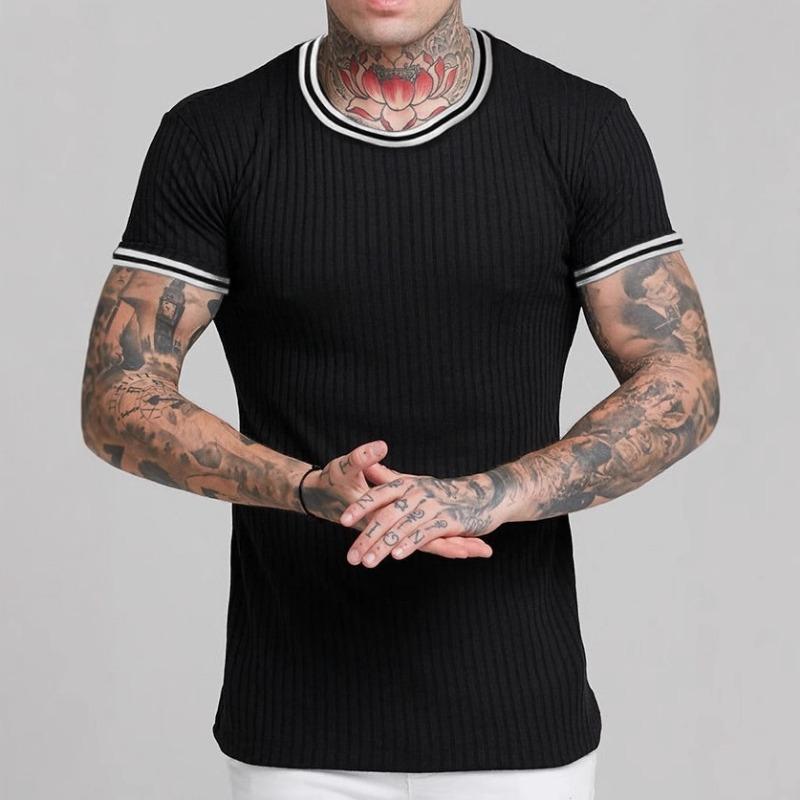 

Summer Round Neck Casual Fashion Patchwork T-shirt Male Short Sleeve Strip Sports Tee Men All-match Pullover Top S чорний