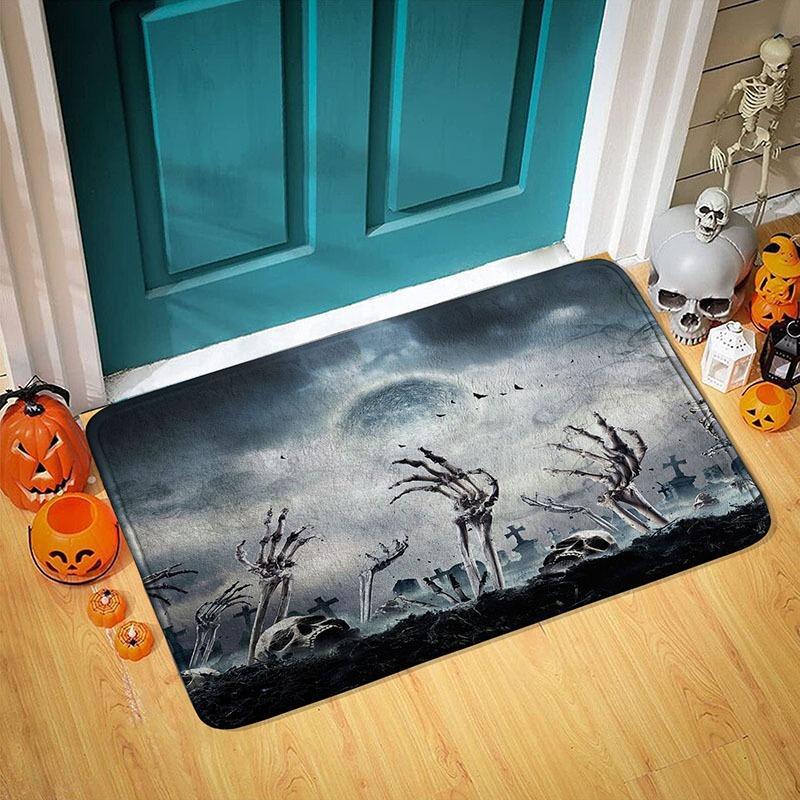 Halloween Themed Door Mat with Pumpkin Skull Reaper Pattern Non Slip Absorbent Outdoor Indoor Welcome Mat for Home Decor