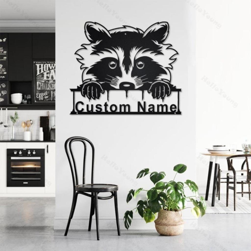 Personalized Raccoon Metal Wall Art, Custom Family Name Sign for Home Kitchen Garden Decor