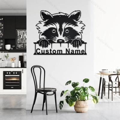 Personalized Raccoon Metal Wall Art, Custom Family Name Sign for Home Kitchen Garden Decor