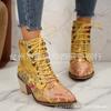 Autumn and winter new embroidered high-heeled Martin boots large size lace-up thick-heeled short boots women