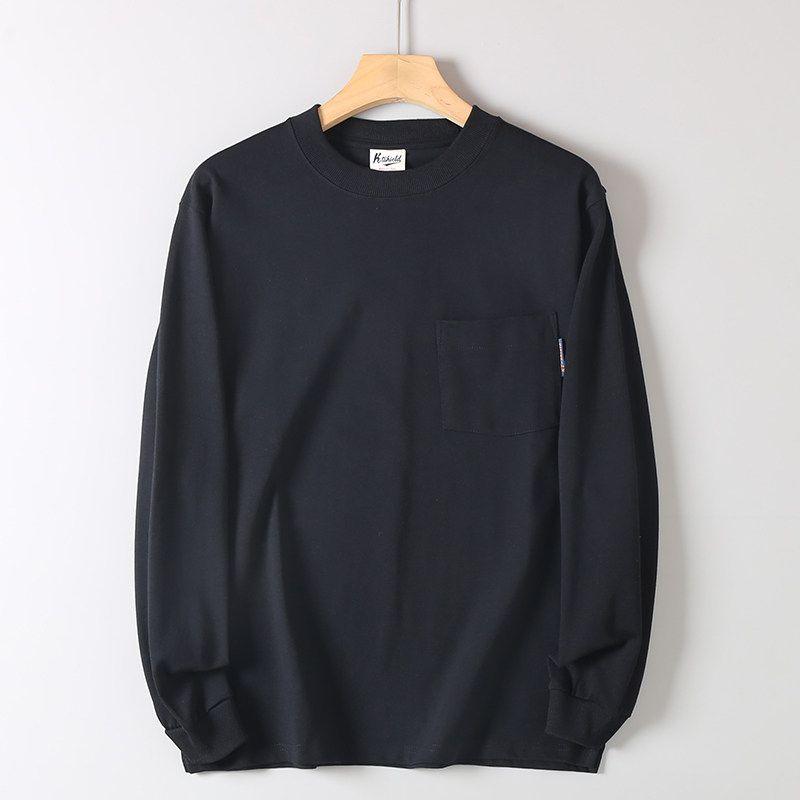 310g Heavyweight Vintage Pure Cotton Simple Pocket Design Solid Color Long-Sleeve T-Shirt for Men Casual Loose Round Neck Base Shirt