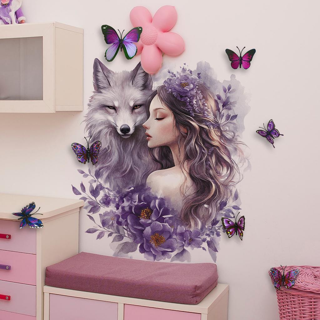 3D Wolf Wandsticker Schmetterling Blumen Fee Wandkunst Aufkleber für Mädchen Schlafzimmer Baby Kinderzimmer Dekor