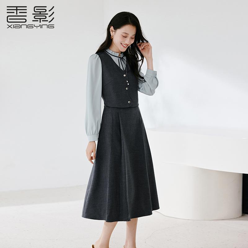 French fake two-piece spliced waist cinching dress