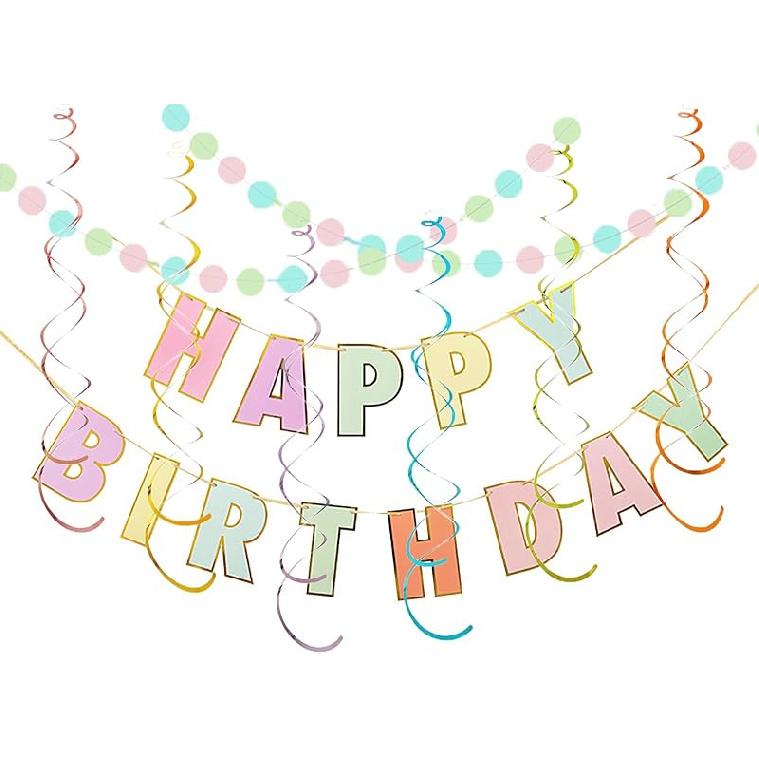 Happy Birthday Banner with Garland and Swirls, Pastel Birthday Decorations for Girls Boys Women Men, Macaron Happy Birthday Sign for Birthday Decor, Macaron
